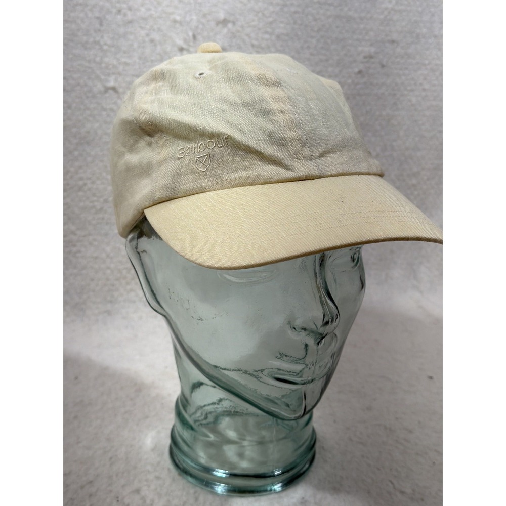 Barbour 100 Linen Baseball Cap Beige Tan Plaid Trim Classic Preppy Casual